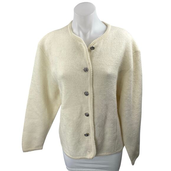Vintage Tally-Ho Cream 100% Wool Long Sleeve Button Down Cardigan Sweater M - Picture 1 of 3